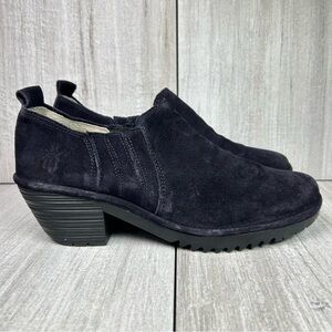 Fly London Dark Blue Suede Heeled Slip On Clog Booties Womens Size 10 EUR 41